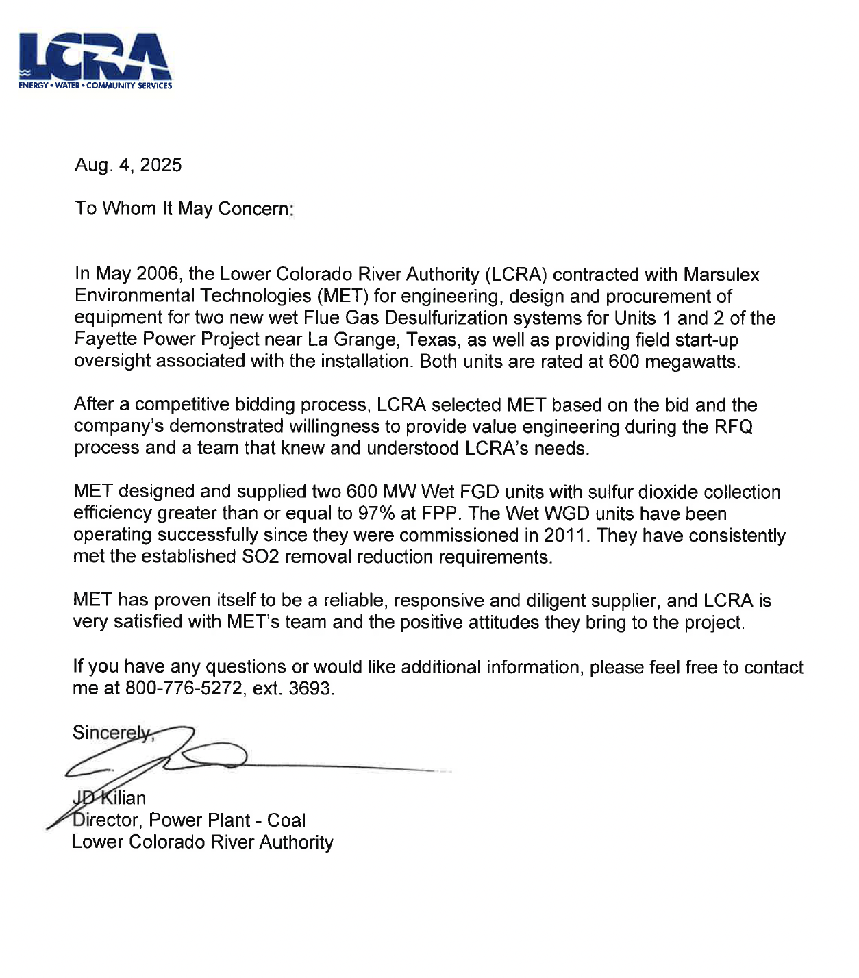 LCRA Fayette Letter